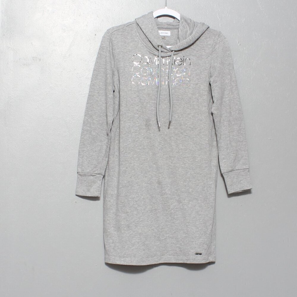 Calvin Klein holographic logo gray hoodie sweatshirt dress